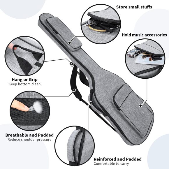 MUZTOP Electric Bass Guitar Bag – 7MM Padded Gig Case with Pockets, Grey, New - Picture 5 of 9